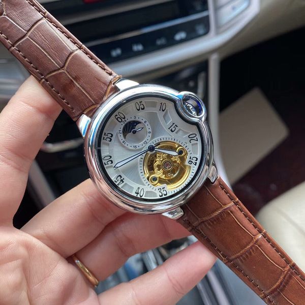 

fashion men watch male mechanical automatic flywheel moon phase genuine leather strap watches for men's gift wristwatches, Slivery;brown