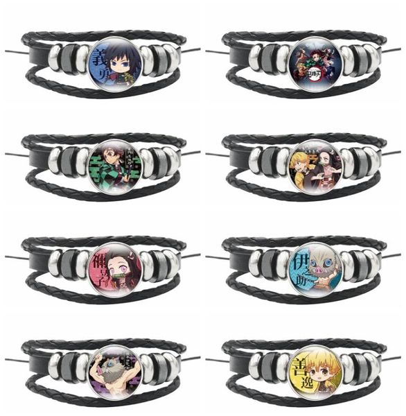 

anime demon slayer: kimetsu no yaiba kamado tanjirou nezuko agatsuma zenitsu leather bracelet multilayer for women men boys girl, Black