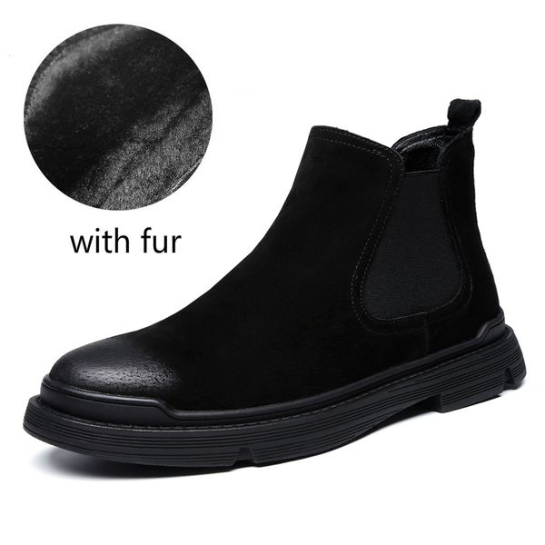 

british style men's leisure warm fur snow boots cow leather winter shoes outdoor desert boot ankle bota zapatos hombre, Black