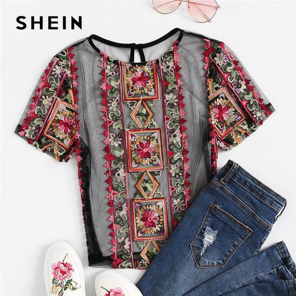 

shein flower embroidered sheer crop without bra 2019 women summer mesh cut out keyhole back short blouses ladies, White
