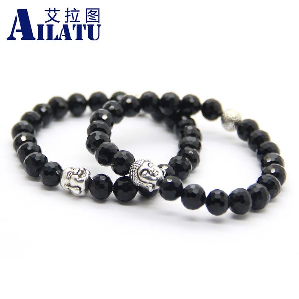 

ailatu wholesale10 pcs fashion 8mm black crystal beads tibetan jewelry buddha head prayer mala amulet lucky bracelet, Golden;silver