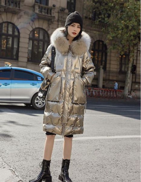 

019 winter new style down jacket 90 white duck down fur collar long bright european tide brand female black green champagne