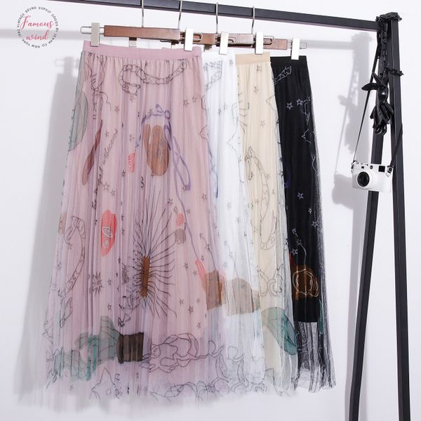 

jsxdhk хай-стрит новое 2019 лето старинные цветок печати шаблон сетки миди юбка элегантный эластичный высокой талией плиссированные юбки, Black