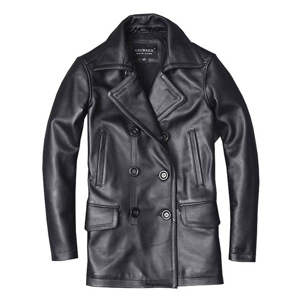 

men's leather & faux seveyfan genuine long trench coat double-breasted black slim real cowhide jacket for male r3145