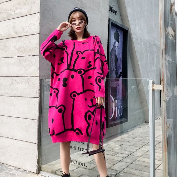 

tvvovvin мультфильм печатных свитер платье женщина 2019 зима толстый свитер платье о-образным вырезом пуловеры вязание повседневная qyf1134, White;black