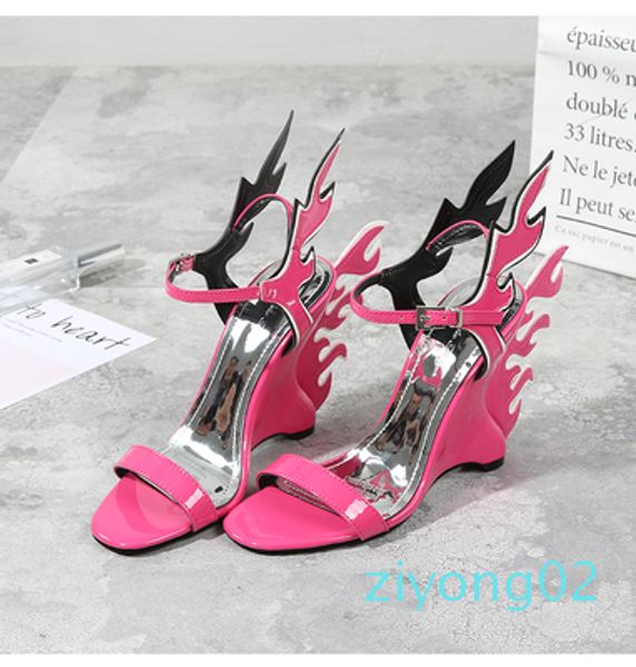 

summer shoe woman high fashion lady sandal ankle strap wedge high heel sandal platform sandals wedge with flame patent leather shoe z02, Black
