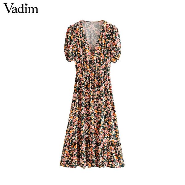 

vadim retro floral print midi dress v neck short sleeve elastic waist split vintage female casual beach dresses qc595, Black;gray