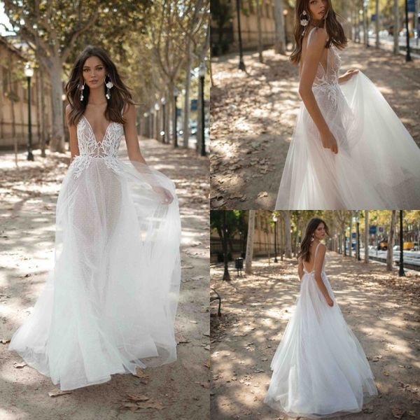 

2019 berta modest wedding dresses spaghetti lace appliqued backless illusion boho wedding dress a line beach bridal gown vestidos de novia, White