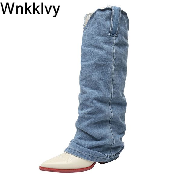 

women long boots western cowboy denim shoes chunky high heel retro knee high boots pointed toe catwalk knight booties 2020, Black