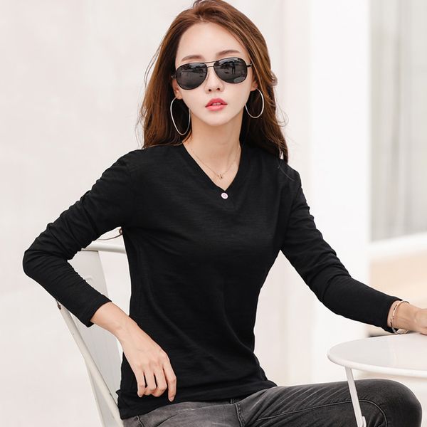 

2019 women autumn and winter casual t shirt fashion one black color 0 neck t shirt cotton long sleeve women black white