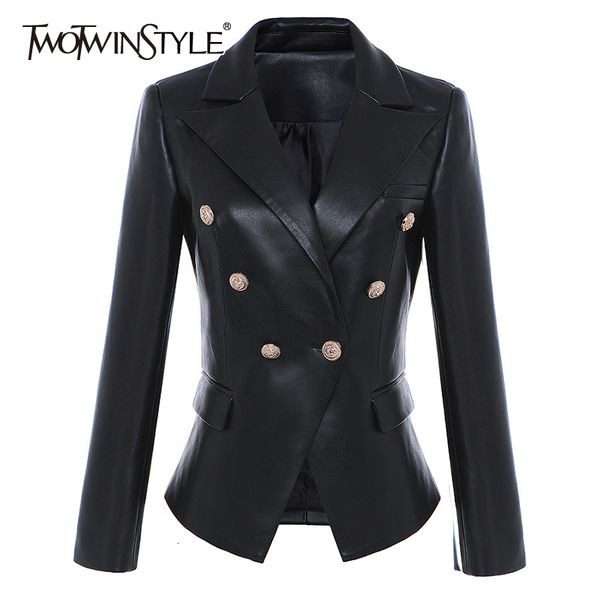 

twotwinstyle black pu leather women's blazer notched long sleeve button pocket female suits 2019 autumn fashion new clothing