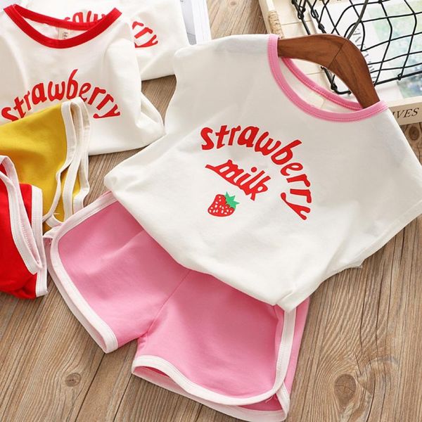 

kids baby girls sweet strawberry clothes outfits toddler child fruit letter sleeveless shorts set baby girl summer clothes, White