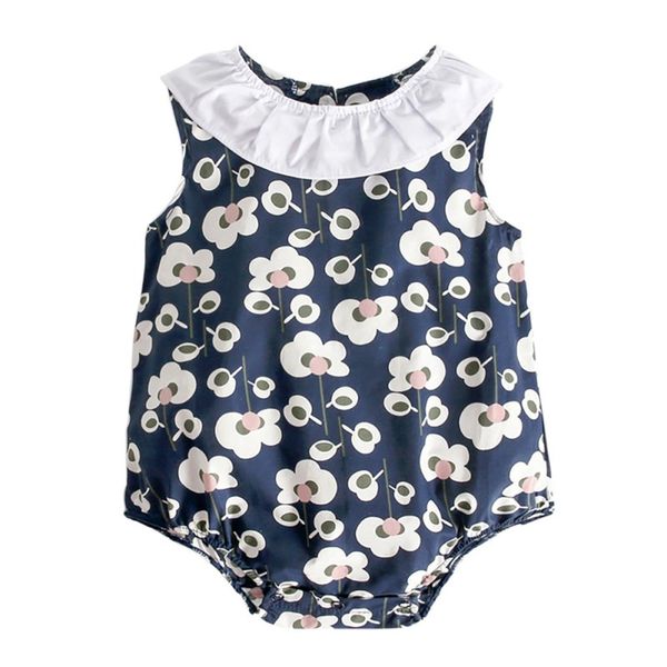 

sweet and lovely fashion novel summer baby girl romper flower print doll collar sleeveless romper for baby girlsa, Blue