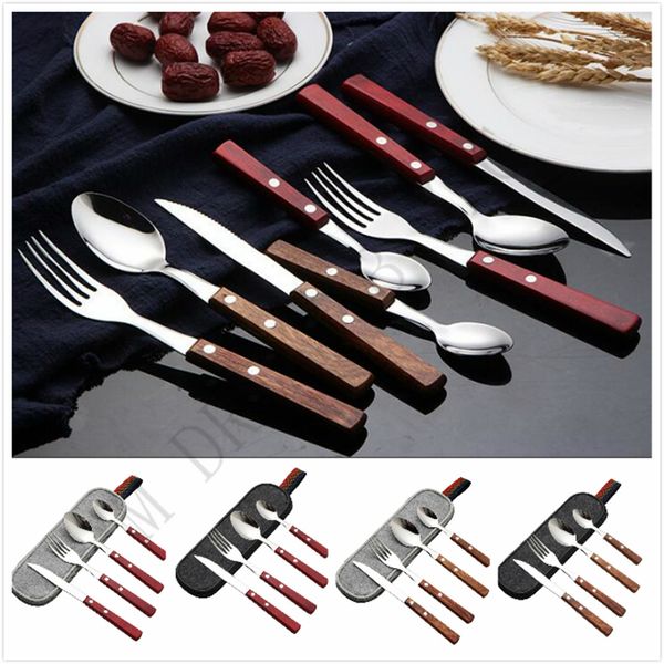 

natural flatware durable wooden handle tableware portable 304 stainless steel flatware sets fork knife teaspoon spoon