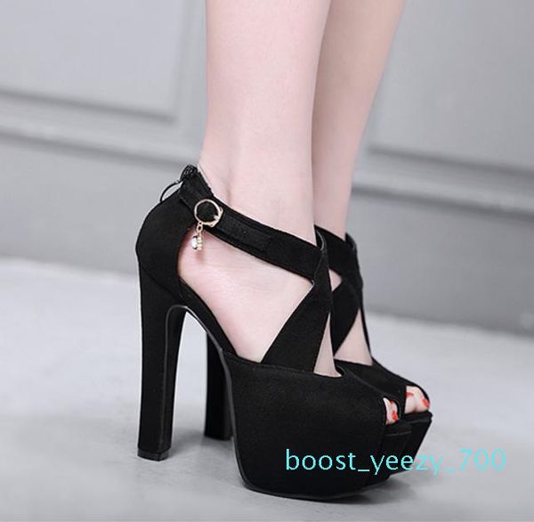 

fashion hollow out platform ankle strap thick heels synthetic suede summer shoes black khaki 13.5cm 2018 b70