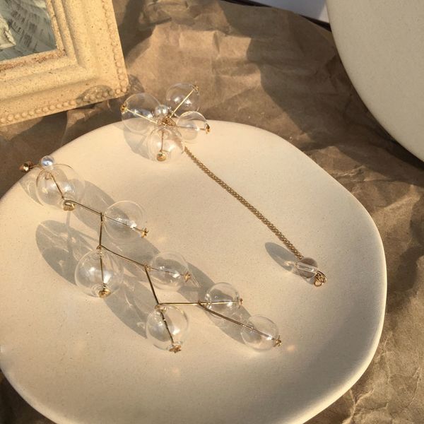 

fashion- asymmetric glass ball dangle earrings for women fairy elegant pearl clear bubble super long korean earrings 2019 bijoux, Silver