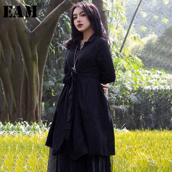 

eam] 2019 new autumn winter lapel long sleeve black loose bandage fold long windbreaker women trench fashion tide jr506, Tan;black