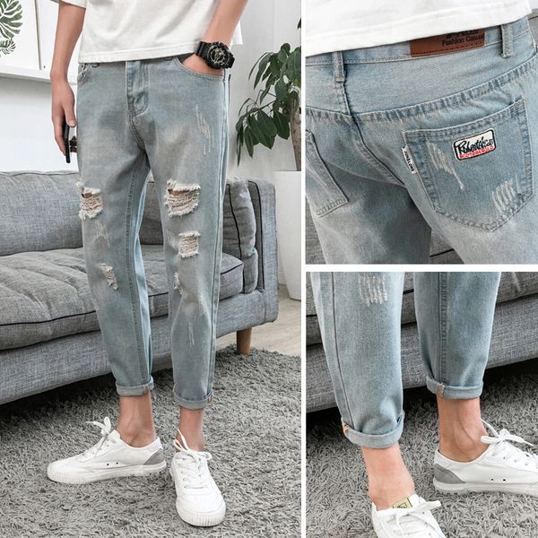 

summer hong kong style with holes jeans men slim fit capri pants students skinny 9 pants selling ripped jeans, Blue