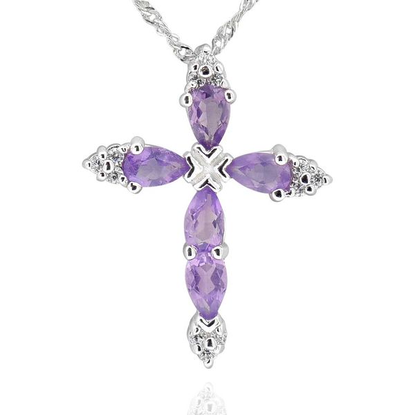 

sterling silver pear shaped amethyst cross pendant necklace 17" chain