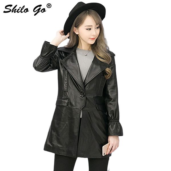 

shilo go leather coat womens autumn fashion sheepskin genuine leather coat office lapel long sleeve pocket black long