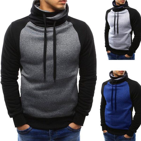 

male casual clothing mens colorblock turtleneck hoodies casual spring autumn long sleeves pullover sweater, Black