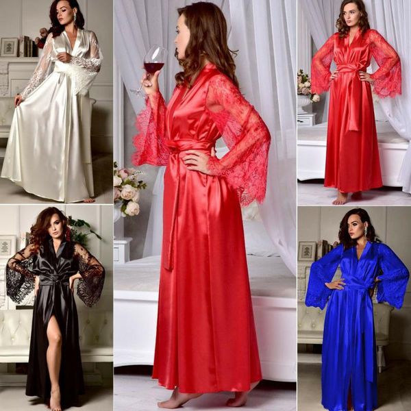 

womens lace sleep dress ladies lace long sleeve bride kimono robe satin silk night dress gown sleepwear, Black;red