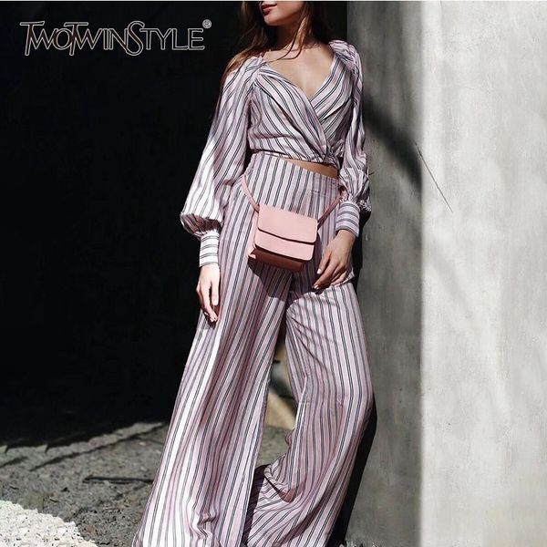 

twotwinstyle striped women suit lantern long sleeve v neck bandage crop high waist wide leg pants two piece set 2018 autumn, White