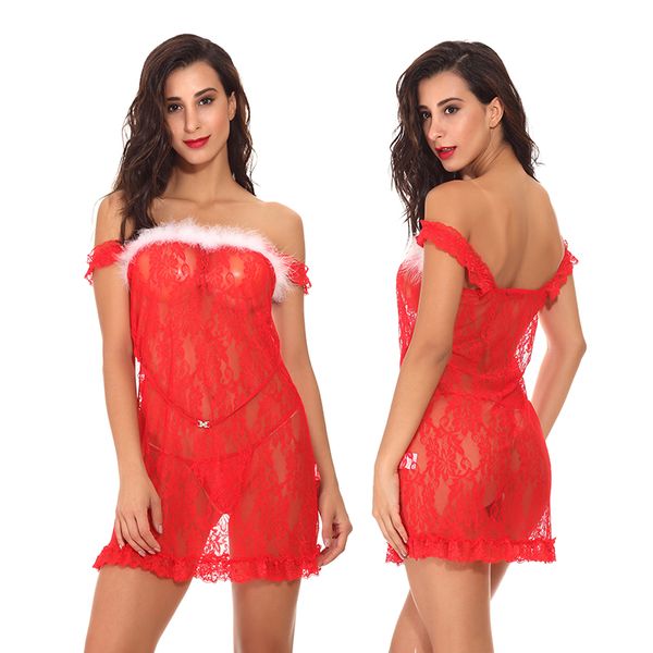

women festive red floral lace & mesh christmas holiday babydoll chemise lingerie with white fuzzy trim over bustline and matching panty, Black;red