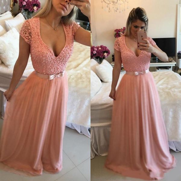 

2020 pink plus size prom dresses long lace appliques v neck a line formal chiffon evening party gowns special occasion dresses, Black