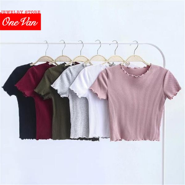 

onevan women t-shirt off shoulder knitting crop women fashion solid short sleeve skinny t-shirts 2020, White