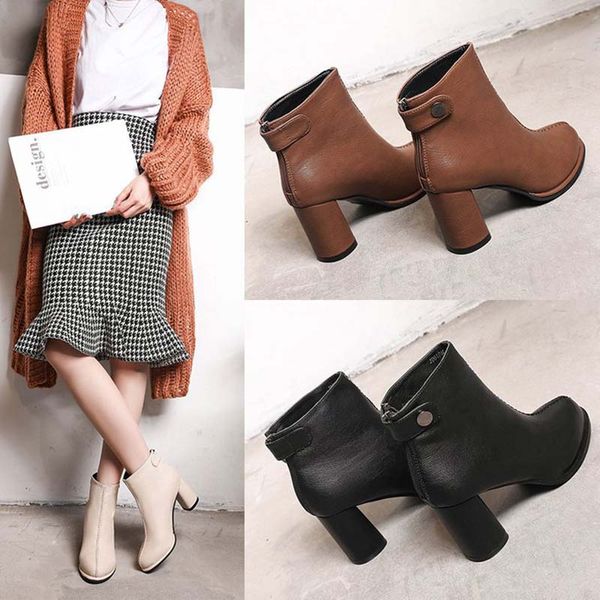 

women short boots high heels women shoes winter casual pu leather round toe boots female winter chaussures femme, Black