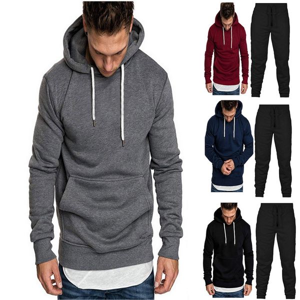 

2 piece sets tracksuit men new brand autumn winter hooded sweatshirt +drawstring pants male solid stripe hoodies sportwear suits, Gray
