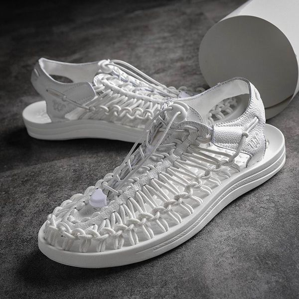 

5colors summer mens white sandals shoes fashion forward lace up rome casual sand shoes man british soft knit zapatos 37-47, Black