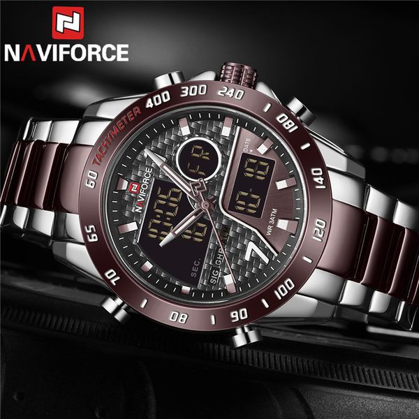 

naviforce fashion men watch quartz digital male clock sport stainless steel coffee man wristwatch 9171, Slivery;brown