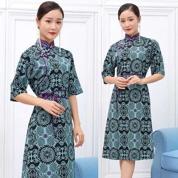 

elegant traditional cheongsam women mongolian costume national dress half sleeve summer robe retro pattern ethnic clothing, Red