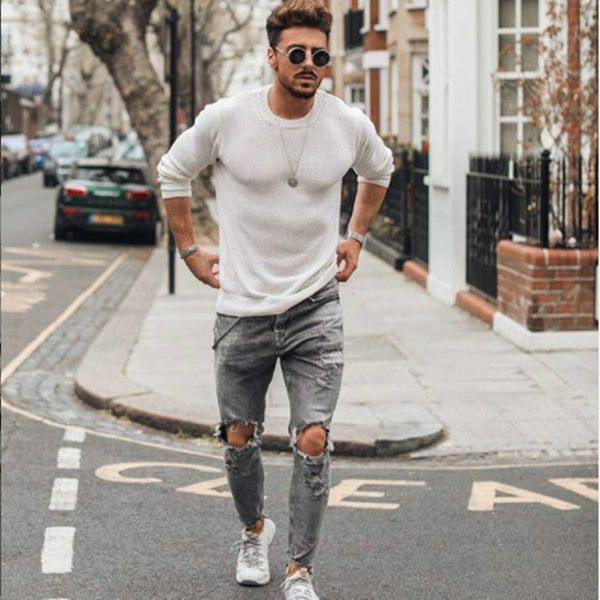 

2020 new jeans mens designer pants knee gray pants hole jeans feet europe and america fashion designer hip hop summer casual party, Blue