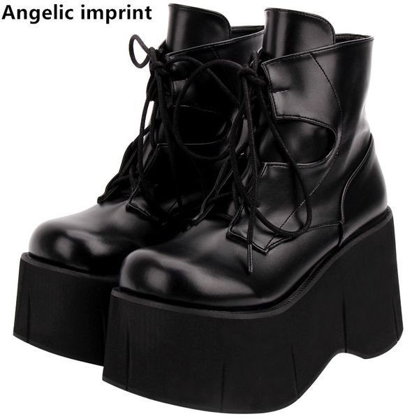 

angelic imprint women fashion motorcycle punk boots lady short boots woman high trifle wedges heels pumps shoes lace up 33-47, Black