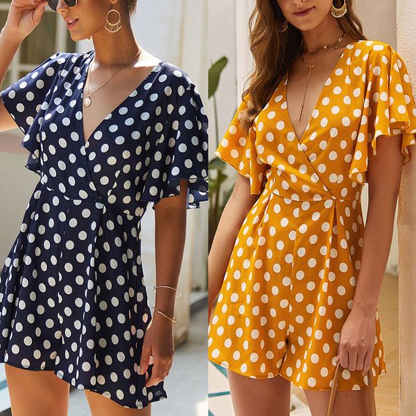 

women polka dot v neck ruffles short sleeve short jumpsuits playsuits for summer hh88, Black;white