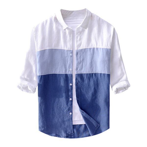 

2020 fashion men's 100% linen shirt seven sleeve color matching casual shirt men's summer linen material middle sleeve top, White;black