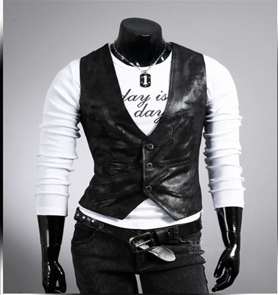 

ms pu leather vest men sleeveless v neck single breasted two pockets design brief stylish mens dress vest ing, Black;white