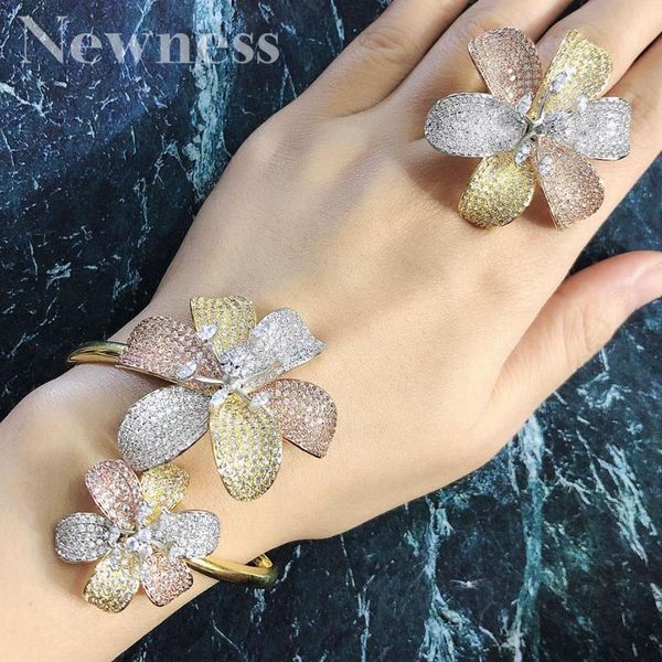 

newness luxury flower blossom korean bangle ring set jewelry sets for women wedding engagement brincos para as mulheres, Silver
