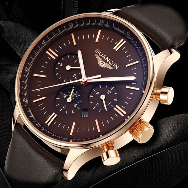 

relogio masculino sport chronograph brand mens luxury watch strap quartz watch wrist military leather guanqin men watches jnhku, Slivery;brown