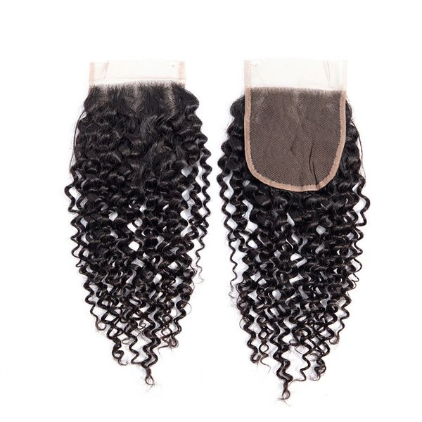 

brazilian peruvian indian malaysian virgin human hair extensions kinky curly lace closure 4 x 4 middle three part natural color closure, Black;brown