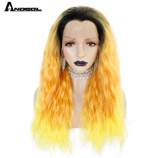 

anogol high temperature fiber long loose wave orange ombre yellow dark roots synthetic lace front wig for women daily use, Black
