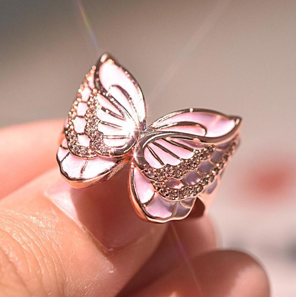 

dazzling pink butterfly rose gold ring for women trendy hollow zircon anniversary gift bride engagement wedding jewelry, Slivery;golden