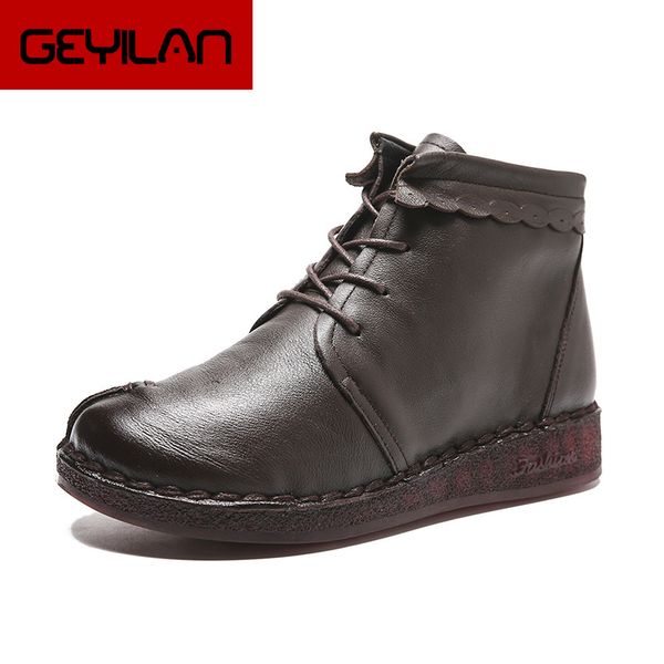 

women boots genuine leather ankle boots handmade vintage style 2020 winter new fashion ladies platform shoes flats botas mujer, Black