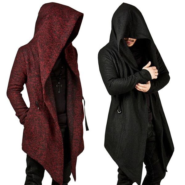 

goths bandage trench male autumn black outerwear novelty punk cloak long-sleeve solid color men's hooded irregular hem jacket
