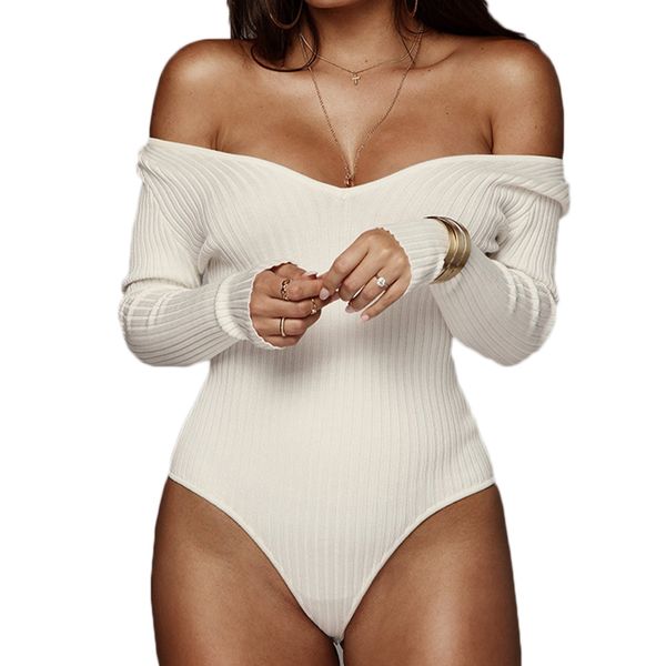 

2018 new women knitted bodysuit women winter autumn long sleeve bodysuit deep v-neck ladies bodycon overalls, Black;white