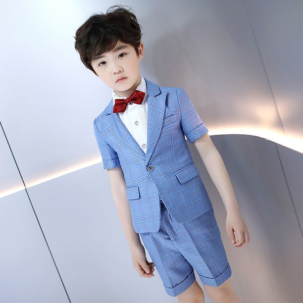 

new suit boys show short sleeve shorts casual single breasted plaid kids suit boys for wedding plus size 4-16, Black