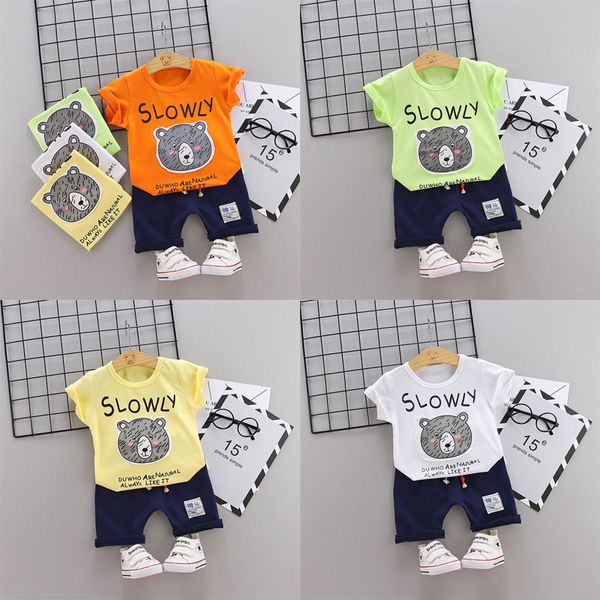 

2019 trend style summer cotton round collar kawaii bear pattern with short sleeve and shorts two pieces for boys and girls, White
